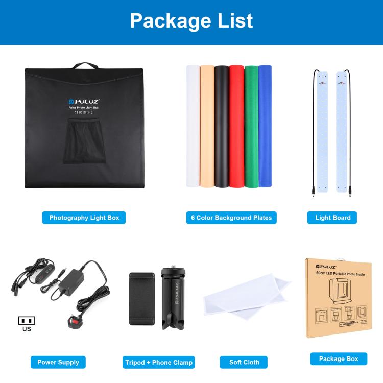 PULUZ Photo Studio Light Box Portable 60 x 60 x 60 cm Light Tent LED 5500K White Light Dimmable Mini 36W Photography Studio Tent Kit with 6 Removable Backdrops (Black Orange White Green Blue Red), 60cm Box(US), 60cm Box(UK), 60cm Box(EU), 60cm Box(AU)