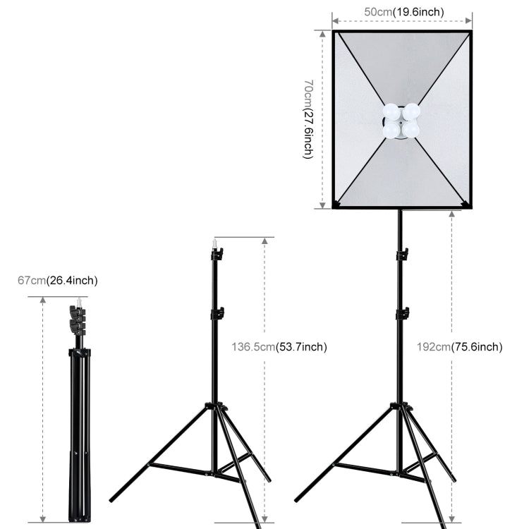 PULUZ 50x70cm Studio Softbox + 2m Tripod Mount + 4 x E27 20W 5700K White Light LED Light Bulb Photography Lighting Kit, 4 x Bulb EU Plug, 4 x Bulb US Plug