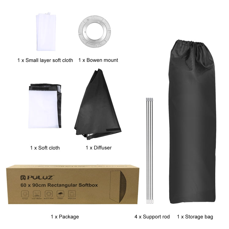 PULUZ Rectangle Speedlite Softbox Bowens Mount Diffuser, 60 x 90cm Rectangle
