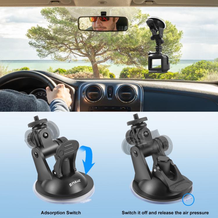 PULUZ Car Suction Cup Mount with Screw & Tripod Mount Adapter & Storage Bag for GoPro, Insta360, DJI and Other Action Cameras, Sucker Mount