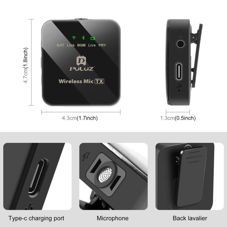 ميكروفون لافالير لاسلكي PULUZ لهواتف Type-C، مستقبل Type-C، Type-C 1 إرسال + 1 استقبال