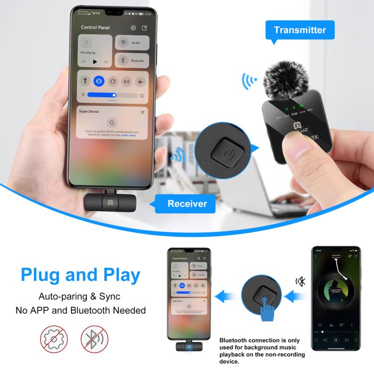 ميكروفون لافالير لاسلكي PULUZ لهواتف Type-C، مستقبل Type-C، Type-C 1 إرسال + 1 استقبال
