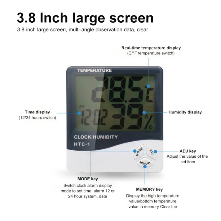 3.8 inch LCD Digital Temperature & Humidity Meter with Clock / Calendar (HTC-1), HTC-1