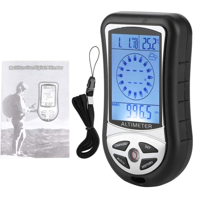 8 in 1 (Altimeter + Weather + Altitude + Compass + Thermometer + Clock + Calender + LED Backlight) Multifunction Digital Altimeter Watch Compass, 8 in 1