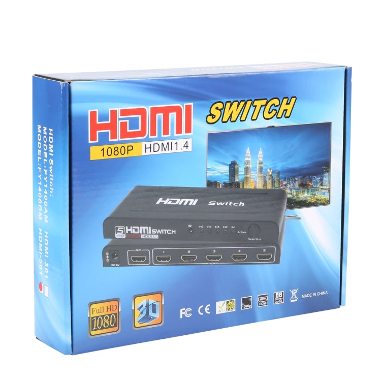 مفتاح HDMI بخمسة منافذ بدقة Full HD 1080P مع جهاز تحكم عن بعد ومؤشر LED، مع مؤشر LED