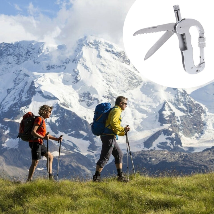 Heavy Duty D Shape Carabiner Clip-On Clamp Key Chain Hook with Dual Knife & LED Torch, D Shape + Knife