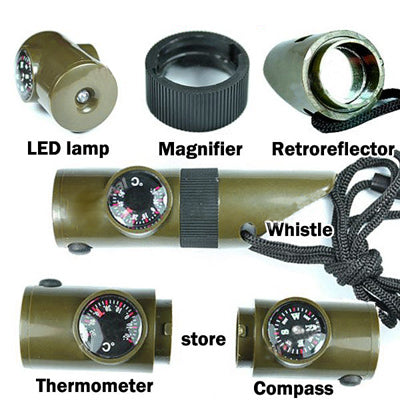 7 in 1 (Survival Whistle / Compass / Thermometer / LED Light / Magnifier / Retroreflector / String), 7 in 1  Survival Whistle