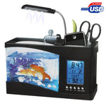 USB Desktop Aquarium Mini Fish Tank with Running Water and 6 LED Light, LCD Clock Display with Calendar, Time and Alarm (Holds 1.5 Quarts of Water)