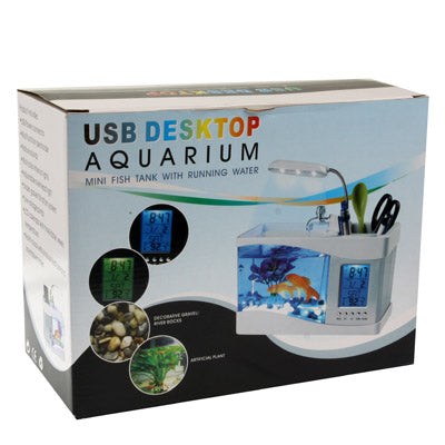 USB Desktop Aquarium Mini Fish Tank with Running Water and 6 LED Light, LCD Clock Display with Calendar, Time and Alarm (Holds 1.5 Quarts of Water)