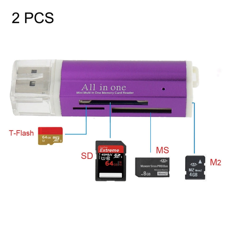 قارئ بطاقات ذاكرة متعدد الوظائف 2 قطع، USB 2.0، Micro SD، SDHC، TF، M2، MMC، MS PRO DUO