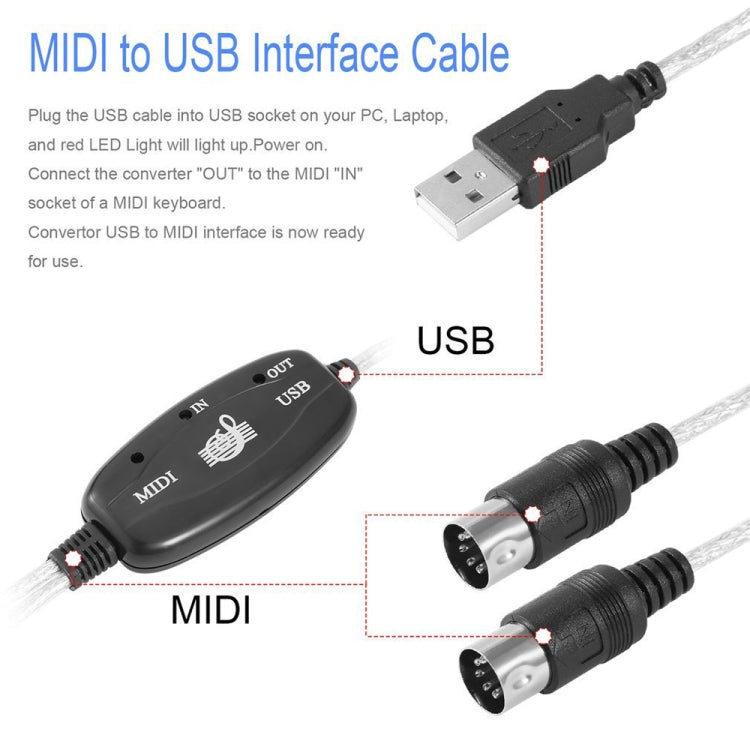 كابل محول واجهة USB إلى MIDI للبيانو الكهربائي، الطول: 1.8م