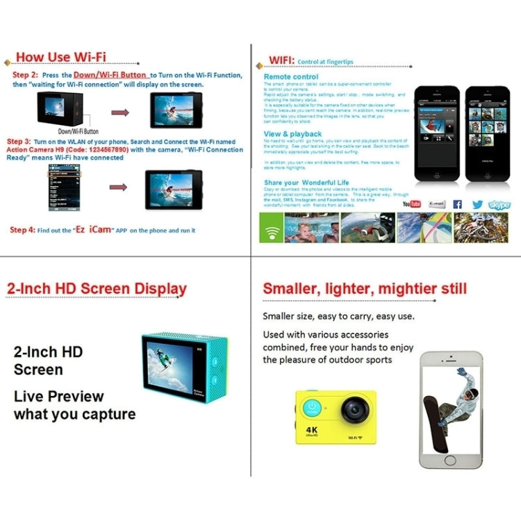 كاميرا رياضية H9 بدقة 4K Ultra HD1080P، 12 ميجابكسل، شاشة LCD بحجم 2 بوصة، واي فاي، عدسة بزاوية واسعة 170 درجة، مقاومة للماء حتى 30 متر، H9 4K (أسود)