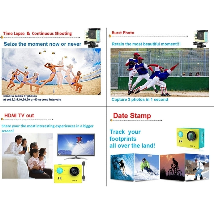 كاميرا رياضية H9 بدقة 4K Ultra HD1080P، 12 ميجابكسل، شاشة LCD بحجم 2 بوصة، واي فاي، عدسة بزاوية واسعة 170 درجة، مقاومة للماء حتى 30 متر، H9 4K (أسود)