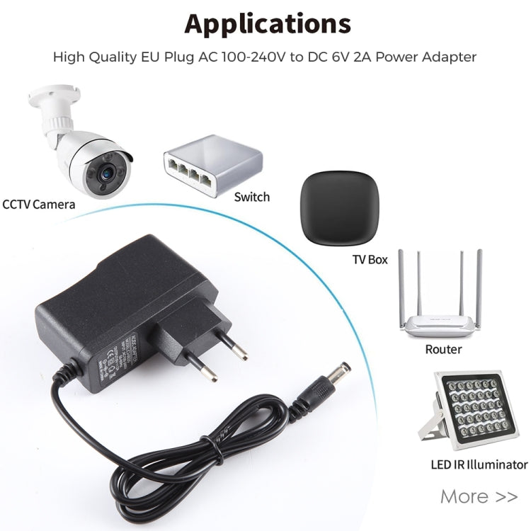 EU Plug AC 100-240V to DC 6V 2A Power Adapter, Tips: 5.5 x 2.1mm, Cable Length: 1.1m, EU Plug DC 6V 2A