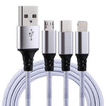 كابل شحن منسوج نايلون 3 في 1 USB إلى 8 Pin و USB-C / Type-C و Micro USB بطول 1.2 متر