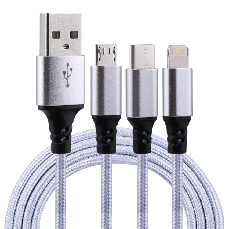 كابل شحن منسوج نايلون 3 في 1 USB إلى 8 Pin و USB-C / Type-C و Micro USB بطول 1.2 متر