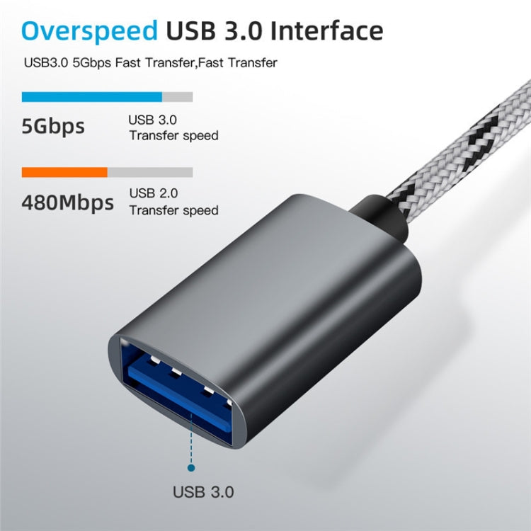 كابل محول مضفر من النايلون USB 3.0 أنثى إلى Micro USB + USB-C / Type-C ذكر للشحن والنقل OTG، طول الكابل: 17 سم، Micro USB 17 سم رمادي، Micro USB 17 سم ذهبي