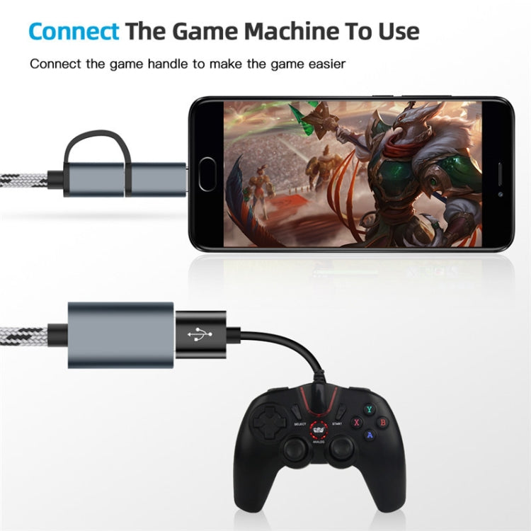 كابل محول مضفر من النايلون USB 3.0 أنثى إلى Micro USB + USB-C / Type-C ذكر للشحن والنقل OTG، طول الكابل: 17 سم، Micro USB 17 سم رمادي، Micro USB 17 سم ذهبي