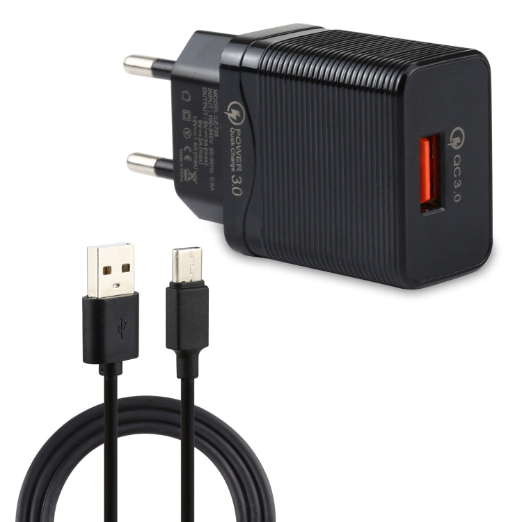 LZ-728 2 in 1 18W QC 3.0 USB Interface Travel Charger + USB to USB-C / Type-C Data Cable Set, EU Plug, Cable Length: 1m, with USB-C / Type-C Cable