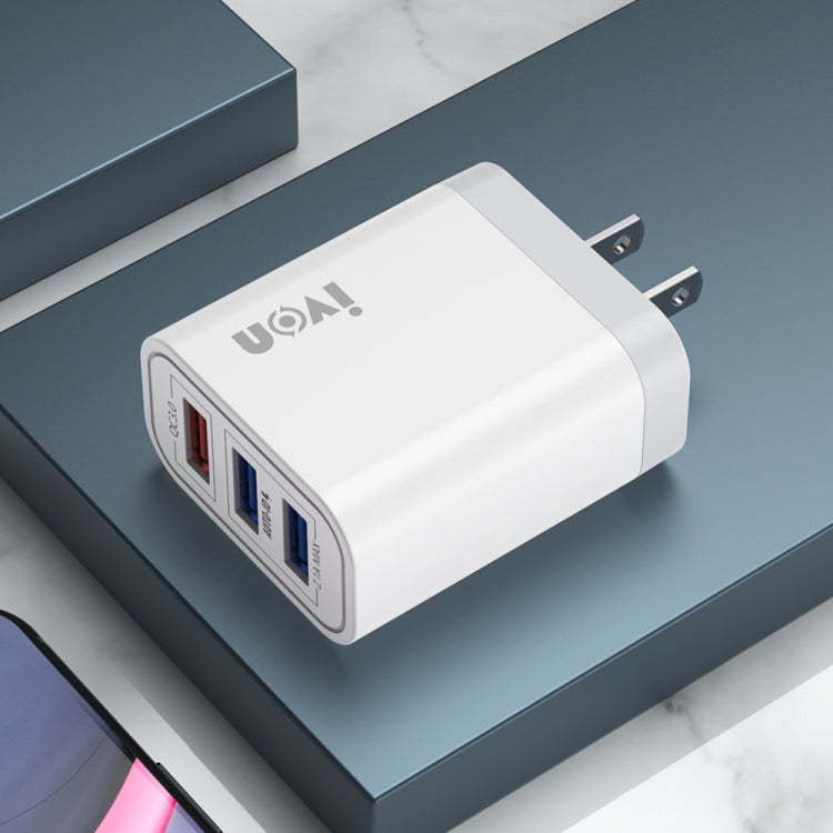شاحن سفر IVON AD37 بتيار 5 أمبير و QC 3.0 بثلاثة منافذ USB، قابس أمريكي، AD37