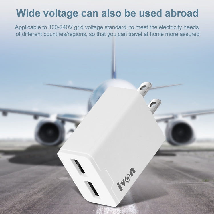 شاحن سفر IVON AD38 بمنفذين USB بتيار 5 فولت 2.1 أمبير، قابس أمريكي، AD38
