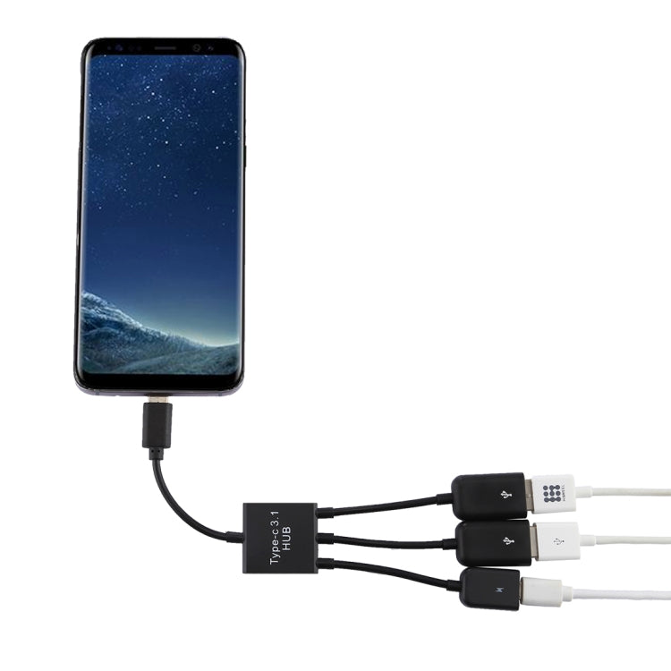موزع كابل محمول USB-C / Type-C ذكر إلى منفذين USB أنثى + Micro USB أنثى، 2 منافذ USB + Micro USB