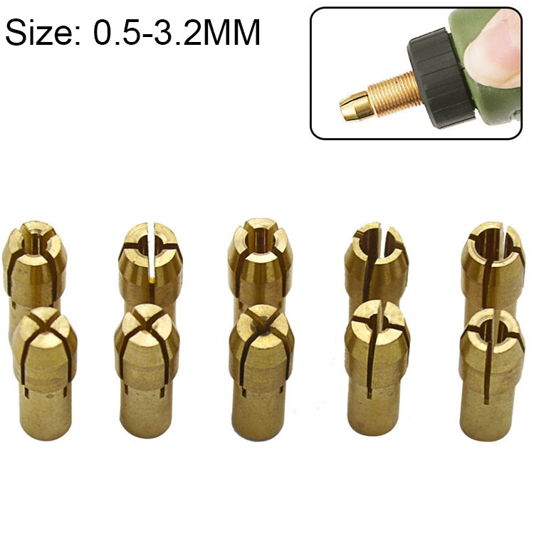 10 in 1 Three-claw Copper Clamp Nut for Electric Mill Fittings，Bore diameter: 0.5-3.2mm, Bore diameter: 0.5-3.2mm