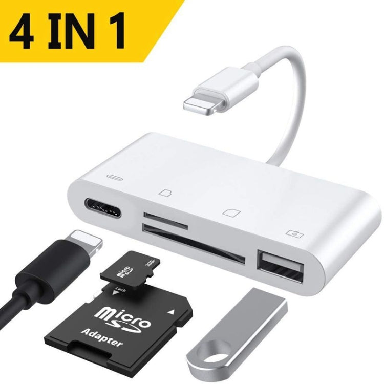 محول قارئ كاميرا ZS-S1827 4 في 1 لبطاقات SD + TF + شحن 8 دبابيس + واجهة USB إلى واجهة 8 دبابيس، يدعم جميع أنظمة iOS