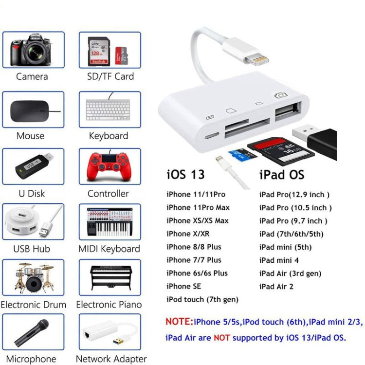 محول قارئ كاميرا ZS-S1827 4 في 1 لبطاقات SD + TF + شحن 8 دبابيس + واجهة USB إلى واجهة 8 دبابيس، يدعم جميع أنظمة iOS