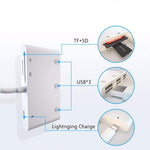 محول قارئ بطاقات كاميرا OTG 6 في 1 مع 3 منافذ USB أنثى إلى 8 دبابيس ذكر مع واجهة شحن SD و TF، يدعم جميع أنظمة iOS