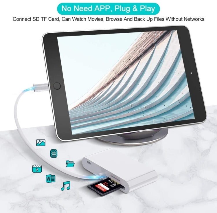 محول قارئ بطاقات كاميرا OTG 6 في 1 مع 3 منافذ USB أنثى إلى 8 دبابيس ذكر مع واجهة شحن SD و TF، يدعم جميع أنظمة iOS