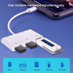 محول قارئ بطاقات كاميرا OTG 6 في 1 مع 3 منافذ USB أنثى إلى 8 دبابيس ذكر مع واجهة شحن SD و TF، يدعم جميع أنظمة iOS