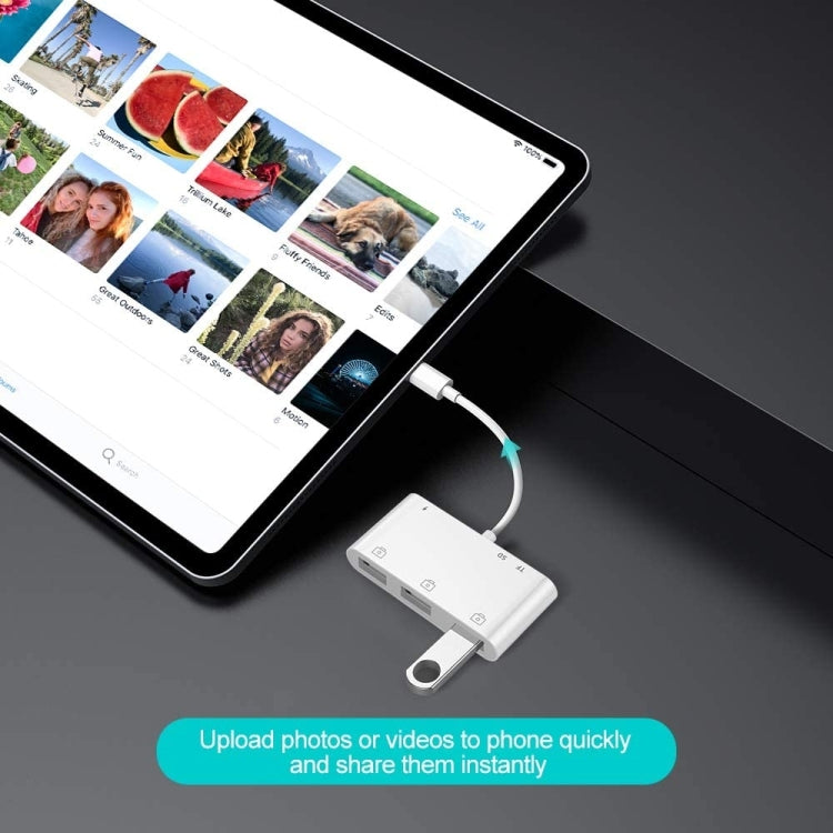 محول قارئ بطاقات كاميرا OTG 6 في 1 مع 3 منافذ USB أنثى إلى 8 دبابيس ذكر مع واجهة شحن SD و TF، يدعم جميع أنظمة iOS