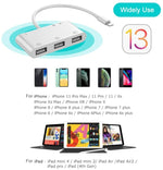 محول قارئ بطاقات كاميرا OTG 6 في 1 مع 3 منافذ USB أنثى إلى 8 دبابيس ذكر مع واجهة شحن SD و TF، يدعم جميع أنظمة iOS