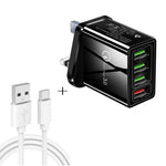 كابل بيانات 2 في 1 بطول 1 متر من USB إلى USB-C / Type-C + شاحن سريع عالمي 30 واط QC 3.0 مع 4 منافذ USB لهواتف المحمول والأجهزة اللوحية وأجهزة الكمبيوتر، مجموعة شاحن سفر، قابس المملكة المتحدة، مجموعة USB-C / Type-C قابس المملكة المتحدة