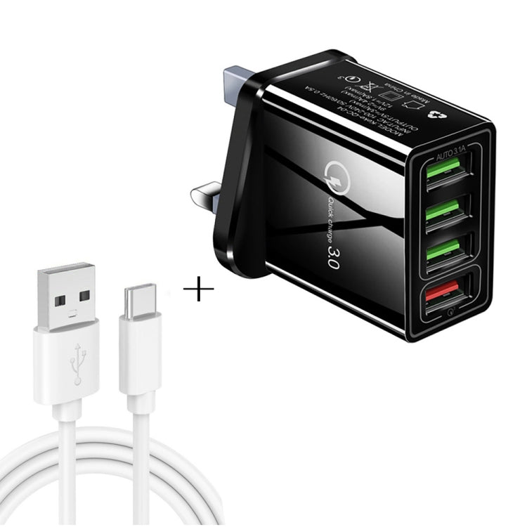 كابل بيانات 2 في 1 بطول 1 متر من USB إلى USB-C / Type-C + شاحن سريع عالمي 30 واط QC 3.0 مع 4 منافذ USB لهواتف المحمول والأجهزة اللوحية وأجهزة الكمبيوتر، مجموعة شاحن سفر، قابس المملكة المتحدة، مجموعة USB-C / Type-C قابس المملكة المتحدة