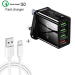 كابل بيانات 2 في 1 بطول 1 متر من USB إلى USB-C / Type-C + شاحن سريع عالمي 30 واط QC 3.0 مع 4 منافذ USB لهواتف المحمول والأجهزة اللوحية وأجهزة الكمبيوتر، مجموعة شاحن سفر، قابس المملكة المتحدة، مجموعة USB-C / Type-C قابس المملكة المتحدة