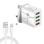 كابل بيانات 2 في 1 بطول 1 متر من USB إلى USB-C / Type-C + شاحن سريع عالمي 30 واط QC 3.0 مع 4 منافذ USB لهواتف المحمول والأجهزة اللوحية وأجهزة الكمبيوتر، مجموعة شاحن سفر، قابس المملكة المتحدة، مجموعة USB-C / Type-C قابس المملكة المتحدة