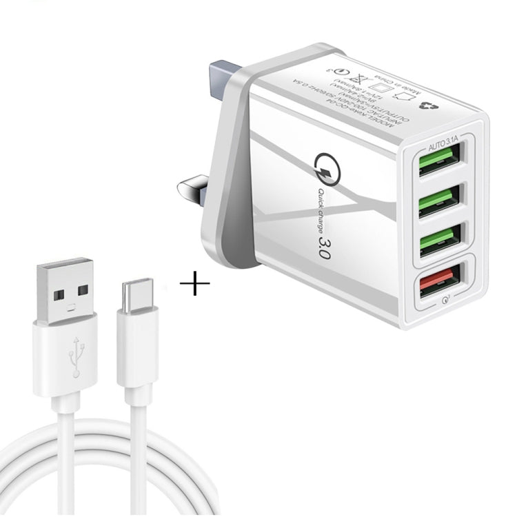 كابل بيانات 2 في 1 بطول 1 متر من USB إلى USB-C / Type-C + شاحن سريع عالمي 30 واط QC 3.0 مع 4 منافذ USB لهواتف المحمول والأجهزة اللوحية وأجهزة الكمبيوتر، مجموعة شاحن سفر، قابس المملكة المتحدة، مجموعة USB-C / Type-C قابس المملكة المتحدة