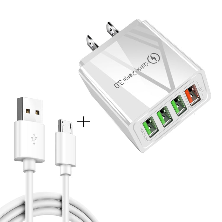 كابل بيانات 2 في 1 بطول 1 متر من USB إلى Micro USB + شاحن سريع عالمي 30 واط QC 3.0 مع 4 منافذ USB لهواتف المحمول والأجهزة اللوحية وأجهزة الكمبيوتر، مجموعة شاحن سفر، قابس الولايات المتحدة، مجموعة Micro USB قابس الولايات المتحدة