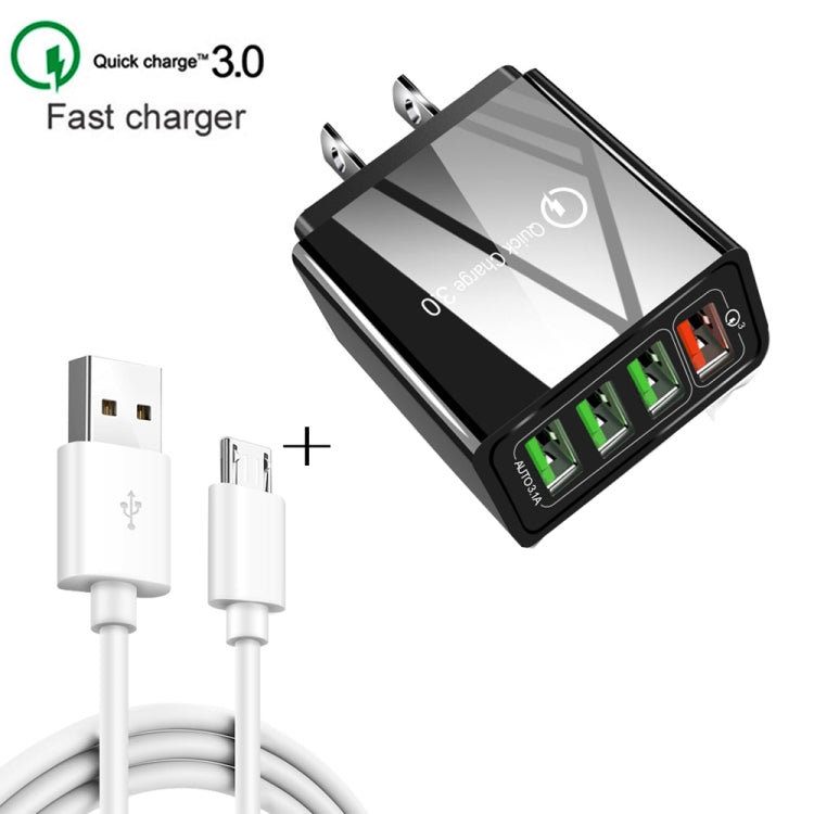 كابل بيانات 2 في 1 بطول 1 متر من USB إلى Micro USB + شاحن سريع عالمي 30 واط QC 3.0 مع 4 منافذ USB لهواتف المحمول والأجهزة اللوحية وأجهزة الكمبيوتر، مجموعة شاحن سفر، قابس الولايات المتحدة، مجموعة Micro USB قابس الولايات المتحدة