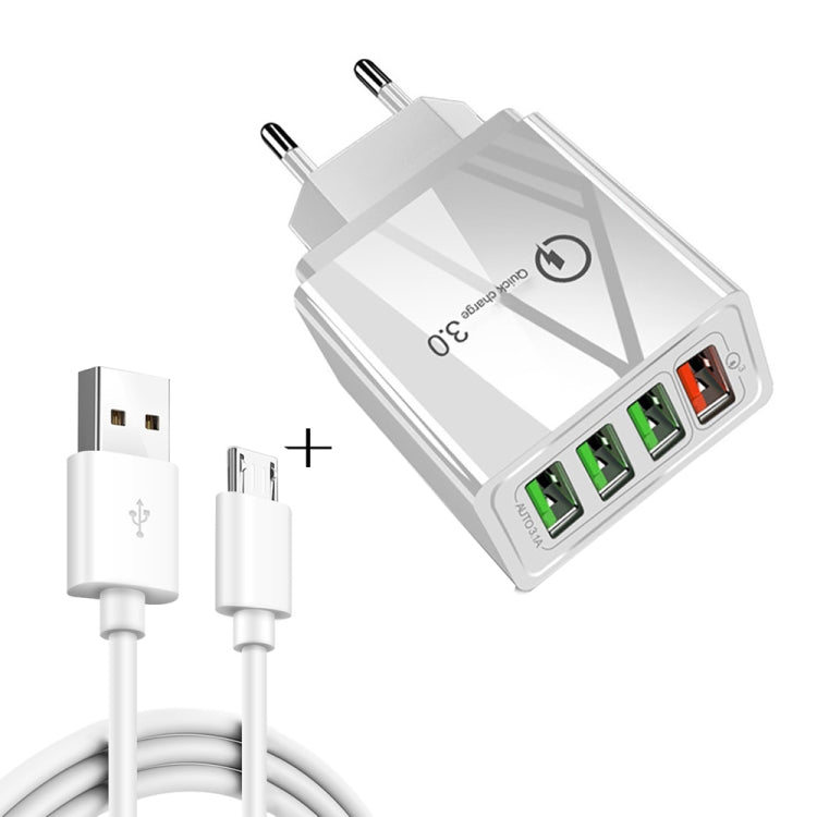 كابل بيانات 2 في 1 بطول 1 متر من USB إلى Micro USB + شاحن سريع عالمي 30 واط QC 3.0 مع 4 منافذ USB لهواتف المحمول والأجهزة اللوحية وأجهزة الكمبيوتر، مجموعة شاحن سفر، قابس الاتحاد الأوروبي، مجموعة Micro USB قابس الاتحاد الأوروبي
