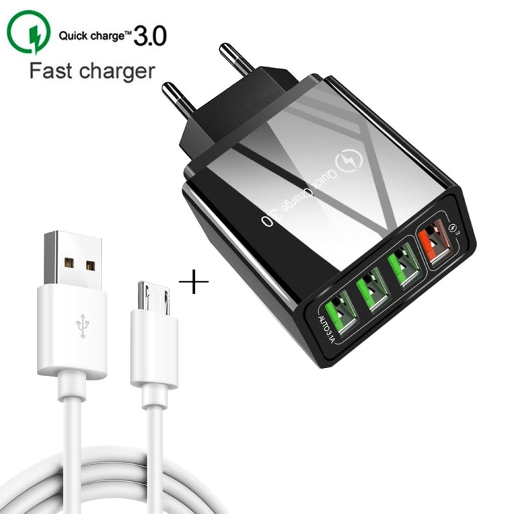كابل بيانات 2 في 1 بطول 1 متر من USB إلى Micro USB + شاحن سريع عالمي 30 واط QC 3.0 مع 4 منافذ USB لهواتف المحمول والأجهزة اللوحية وأجهزة الكمبيوتر، مجموعة شاحن سفر، قابس الاتحاد الأوروبي، مجموعة Micro USB قابس الاتحاد الأوروبي