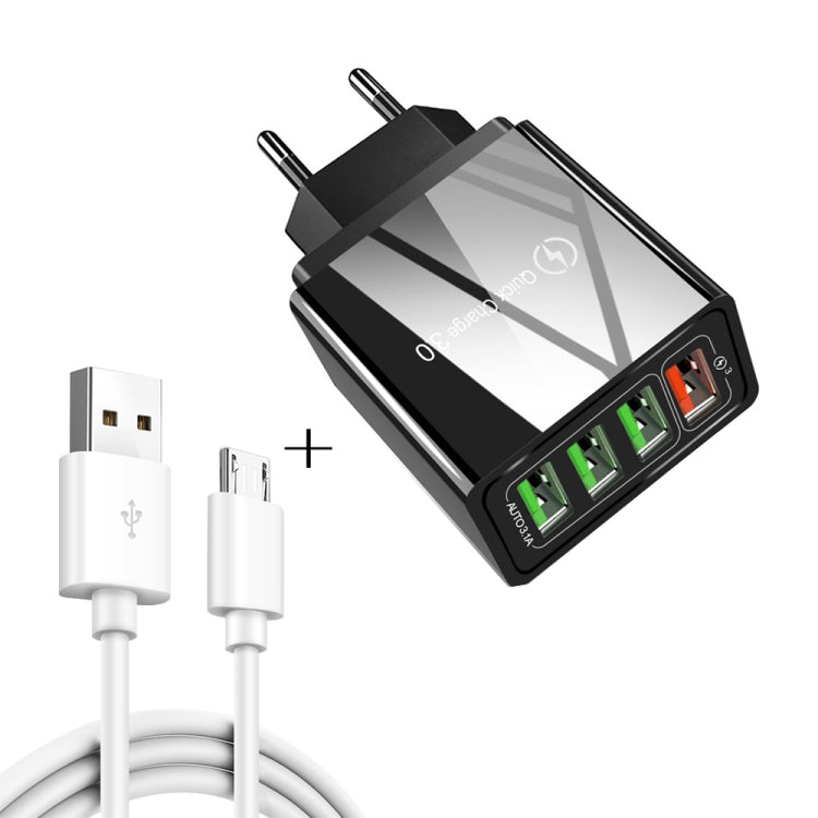 كابل بيانات 2 في 1 بطول 1 متر من USB إلى Micro USB + شاحن سريع عالمي 30 واط QC 3.0 مع 4 منافذ USB لهواتف المحمول والأجهزة اللوحية وأجهزة الكمبيوتر، مجموعة شاحن سفر، قابس الاتحاد الأوروبي، مجموعة Micro USB قابس الاتحاد الأوروبي
