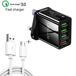 كابل بيانات 2 في 1 بطول 1 متر من USB إلى Micro USB + شاحن سريع عالمي 30 واط QC 3.0 مع 4 منافذ USB لهواتف المحمول والأجهزة اللوحية وأجهزة الكمبيوتر، مجموعة شاحن سفر، قابس المملكة المتحدة، مجموعة Micro USB قابس المملكة المتحدة
