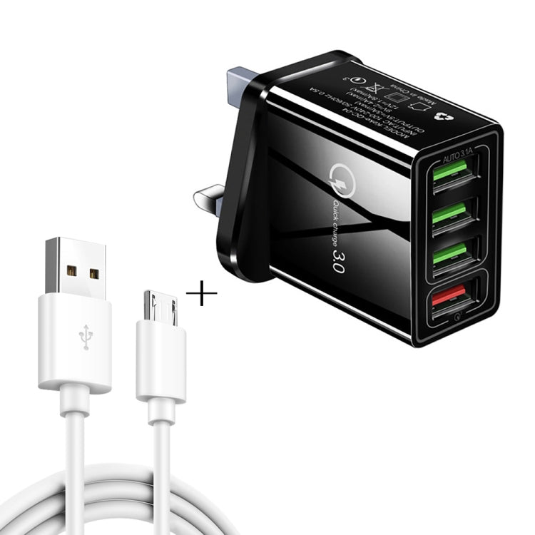 كابل بيانات 2 في 1 بطول 1 متر من USB إلى Micro USB + شاحن سريع عالمي 30 واط QC 3.0 مع 4 منافذ USB لهواتف المحمول والأجهزة اللوحية وأجهزة الكمبيوتر، مجموعة شاحن سفر، قابس المملكة المتحدة، مجموعة Micro USB قابس المملكة المتحدة