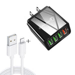 مجموعة شاحن سريع عالمي للسفر 2 في 1، كابل بيانات USB بطول 1 متر إلى 8 دبابيس + شاحن QC 3.0 بقوة 30 واط بأربعة منافذ USB للهواتف المحمولة والأجهزة اللوحية وأجهزة الكمبيوتر، قابس الولايات المتحدة، مجموعة 8 دبابيس قابس الولايات المتحدة