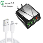 مجموعة شاحن سريع عالمي للسفر 2 في 1، كابل بيانات USB بطول 1 متر إلى 8 دبابيس + شاحن QC 3.0 بقوة 30 واط بأربعة منافذ USB للهواتف المحمولة والأجهزة اللوحية وأجهزة الكمبيوتر، قابس الولايات المتحدة، مجموعة 8 دبابيس قابس الولايات المتحدة
