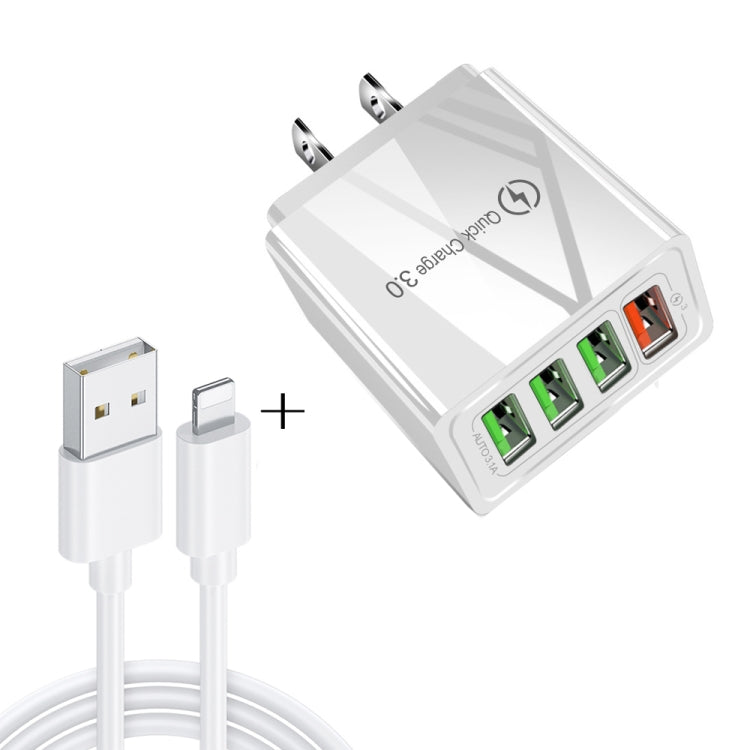 مجموعة شاحن سريع عالمي للسفر 2 في 1، كابل بيانات USB بطول 1 متر إلى 8 دبابيس + شاحن QC 3.0 بقوة 30 واط بأربعة منافذ USB للهواتف المحمولة والأجهزة اللوحية وأجهزة الكمبيوتر، قابس الولايات المتحدة، مجموعة 8 دبابيس قابس الولايات المتحدة