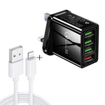 مجموعة شاحن سريع عالمي للسفر 2 في 1، كابل بيانات USB بطول 1 متر إلى 8 دبابيس + شاحن QC 3.0 بقوة 30 واط بأربعة منافذ USB للهواتف المحمولة والأجهزة اللوحية وأجهزة الكمبيوتر، قابس المملكة المتحدة، مجموعة 8 دبابيس قابس المملكة المتحدة